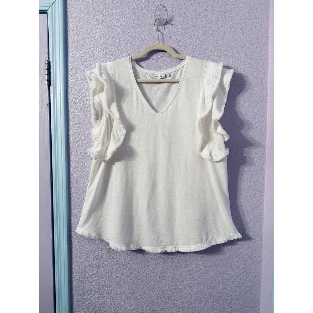 Chico's Linen Blend Blouse Top Size 3 XL Flutter Sleeve Knit Minimalist Neutral